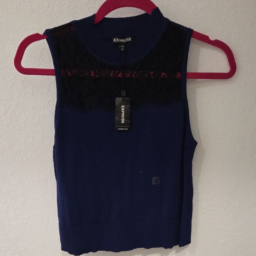 Express Women's Navy and Black Lace Tank Top